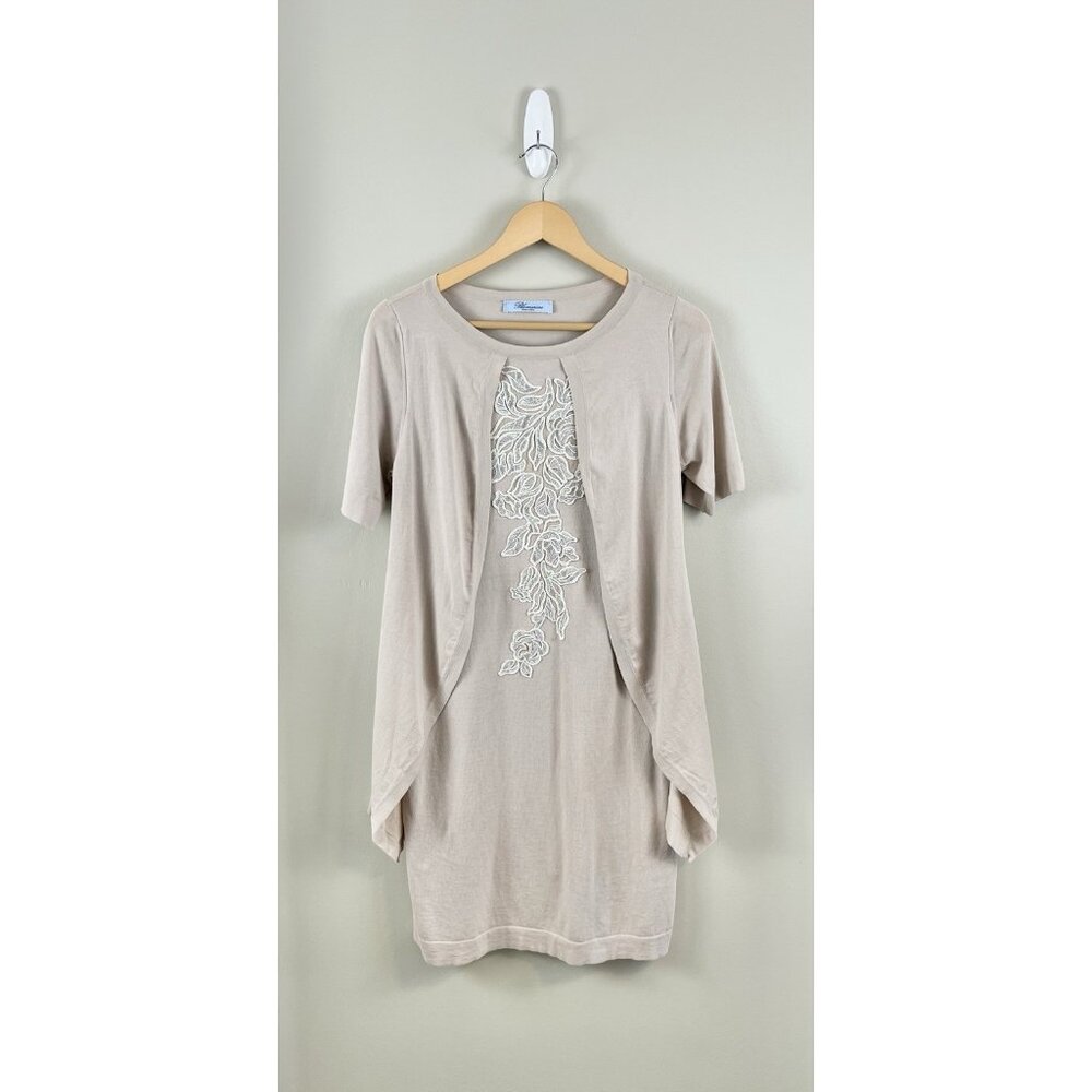 Blumarine Dress Women's Floral Embroidery Beige Tan Short Sleeve Sz‎ M/L? Italy
